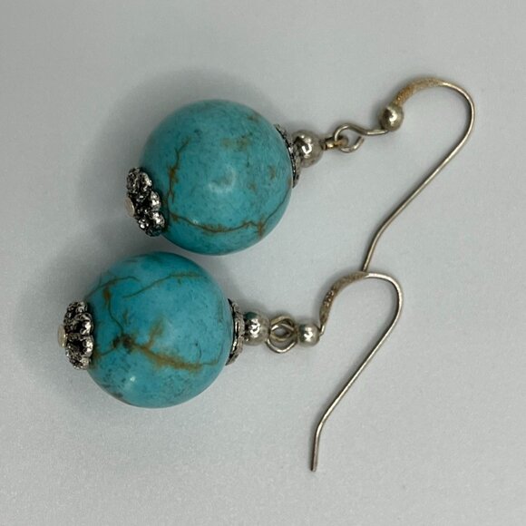 Turquoise & Sterling Silver Drop Dangle Earrings Ornate 925 Stamped - Picture 6 of 6
